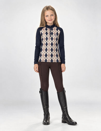 Dublin Kids Breathable Long Sleeved Riding Top - Navy Oat Argyle