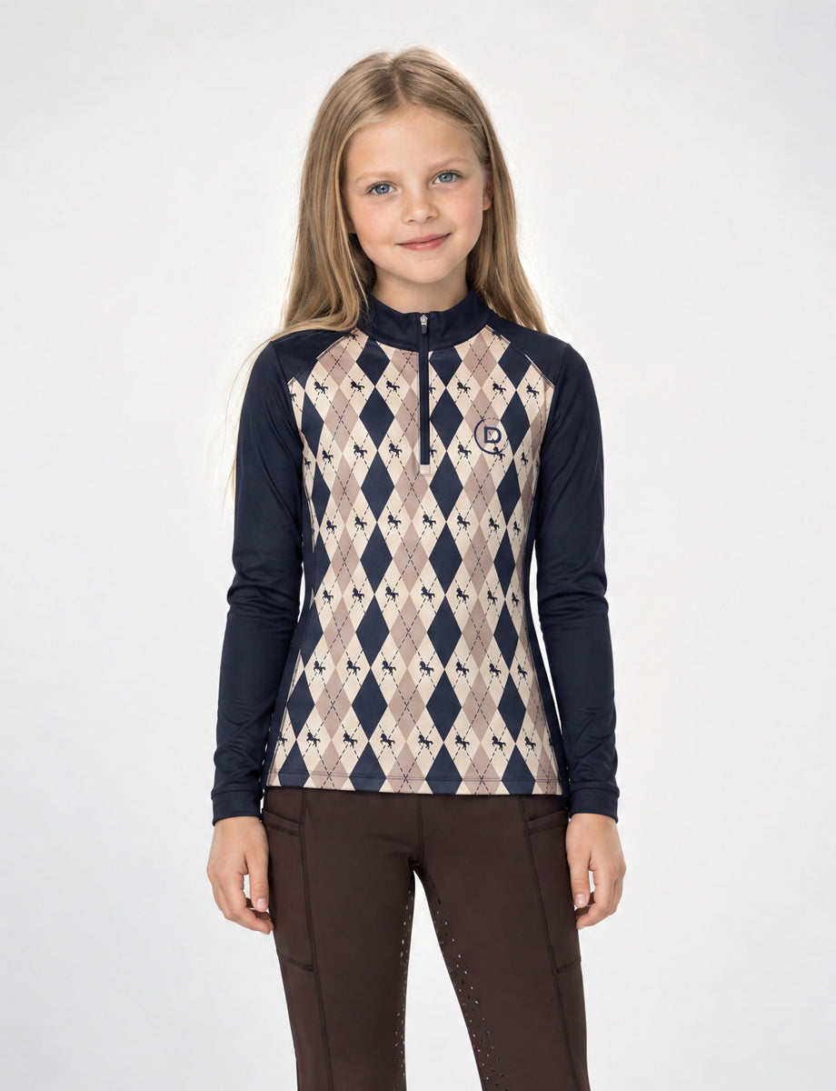 Dublin Kids Breathable Long Sleeved Riding Top - Navy Oat Argyle