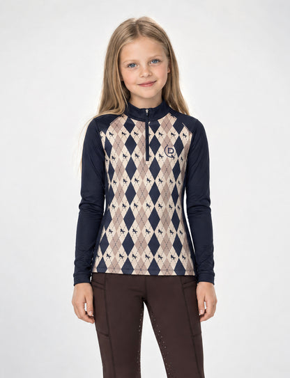 Dublin Kids Breathable Long Sleeved Riding Top - Navy Oat Argyle
