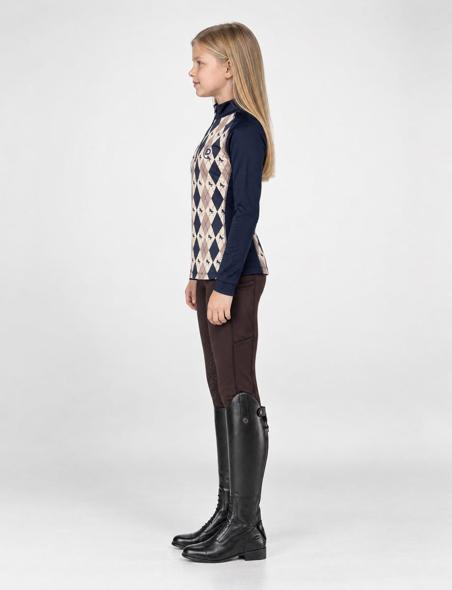 Dublin Kids Breathable Long Sleeved Riding Top - Navy Oat Argyle