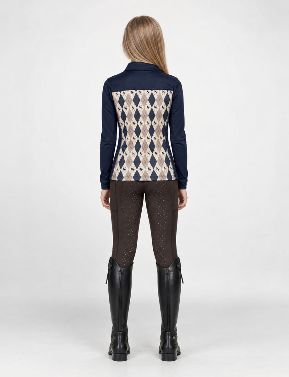 Dublin Kids Breathable Long Sleeved Riding Top - Navy Oat Argyle