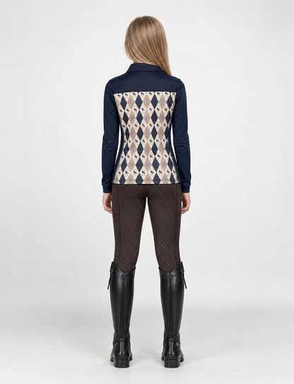 Dublin Kids Breathable Long Sleeved Riding Top - Navy Oat Argyle