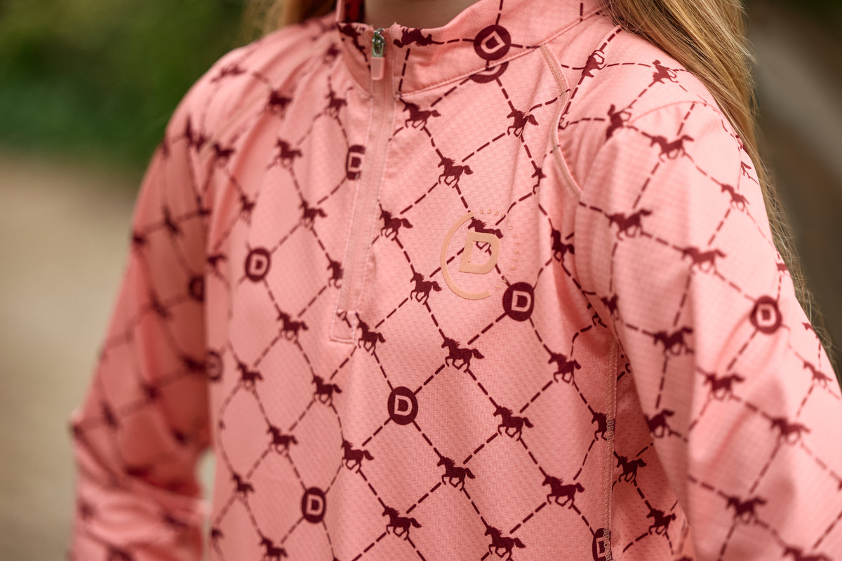 Dublin Kids Breathable Long Sleeved Riding Top - Peach/Crimson Print