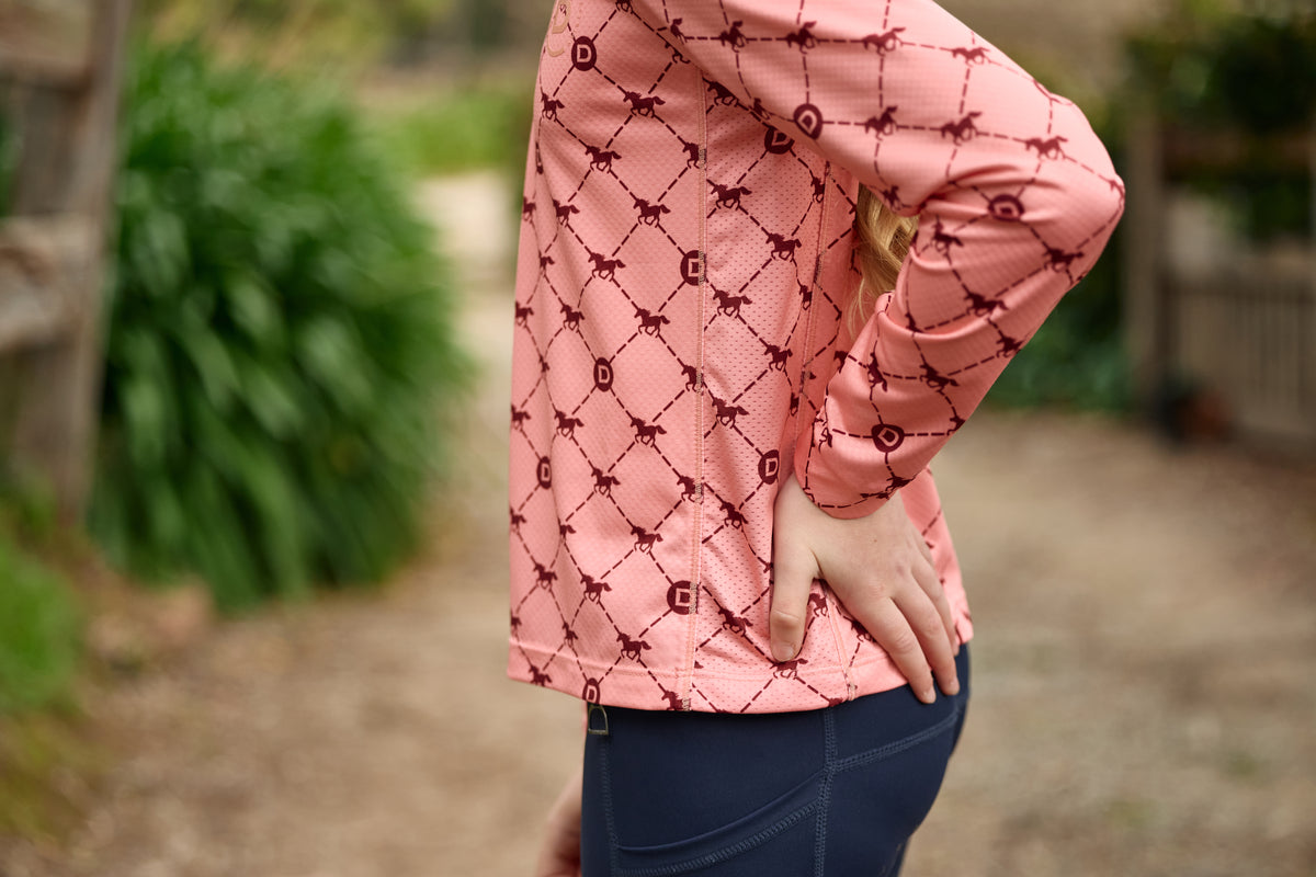 Dublin Kids Breathable Long Sleeved Riding Top - Peach/Crimson Print