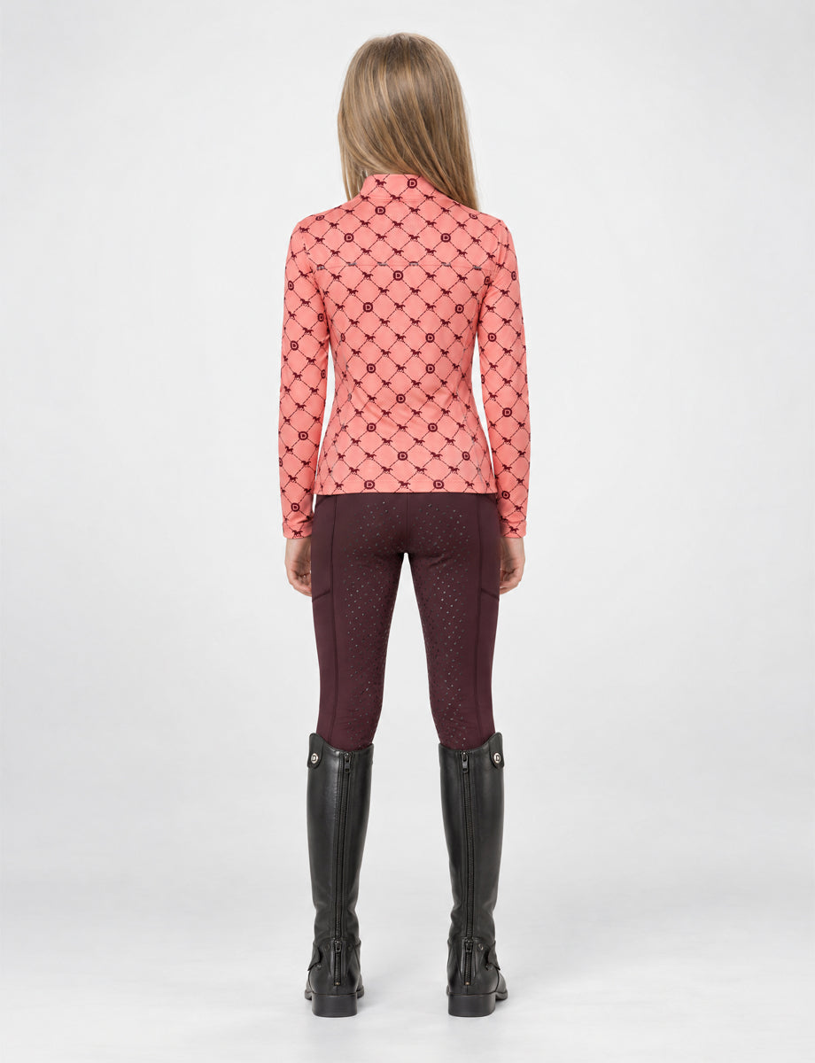 Dublin Kids Breathable Long Sleeved Riding Top - Peach/Crimson Print