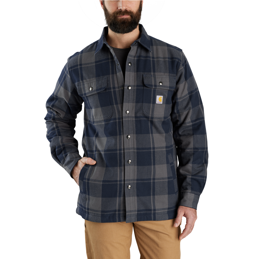 Carhartt Relaxed Fit Heavyweight Flannel Sherpa Lined Shirt Jac - Navy front