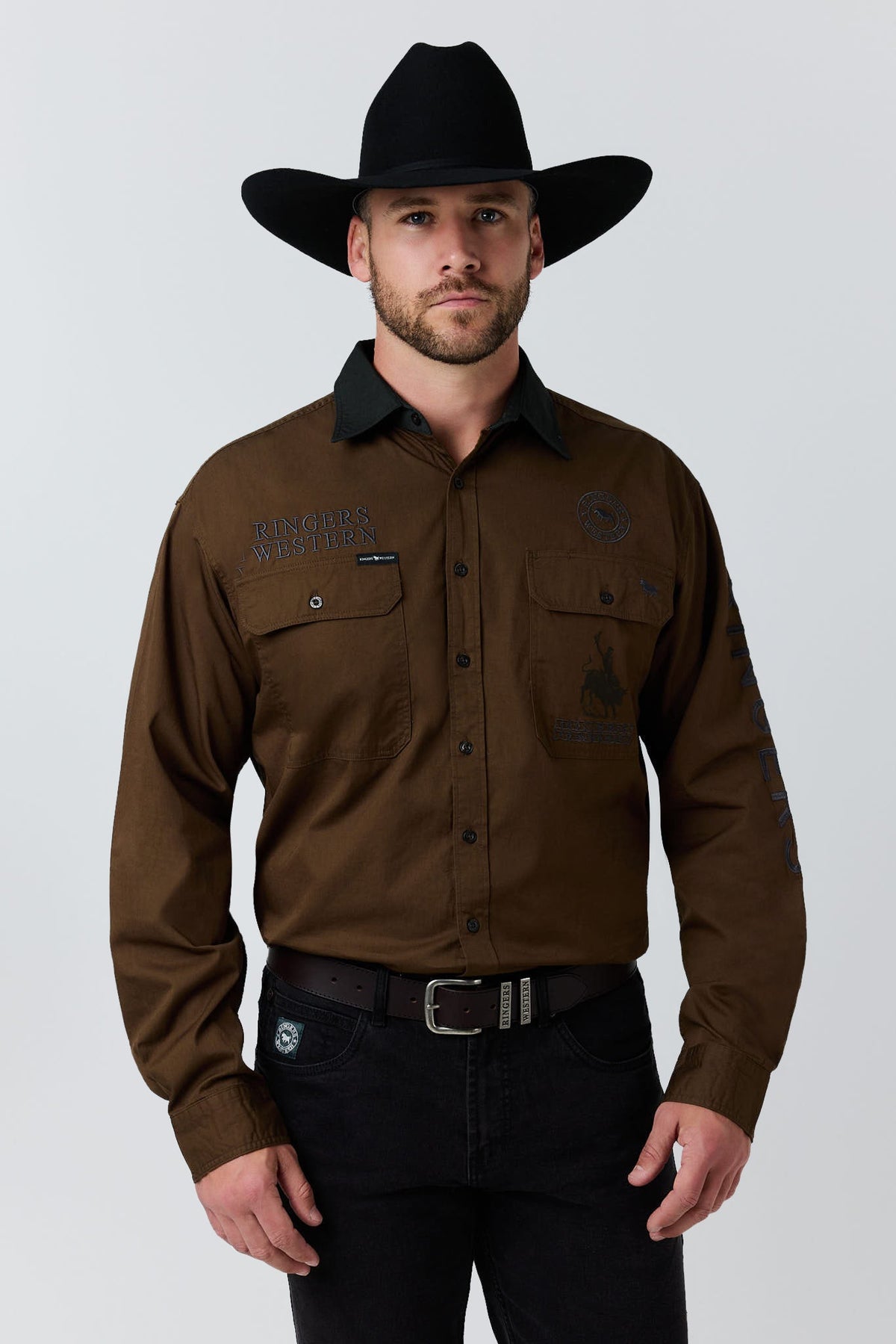 Ringers Western Hawkeye Contrast Collar Full Button Work Shirt - Saddle Brown