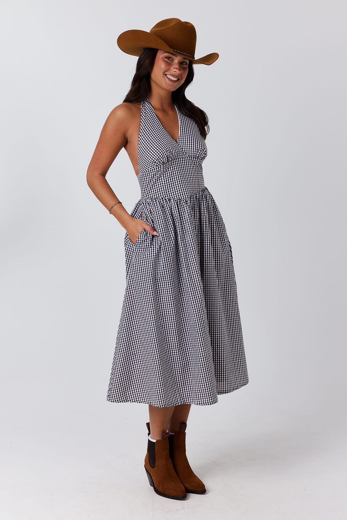 Ringers Western Charmayne Womens Gingham Halter Neck Midi Dress