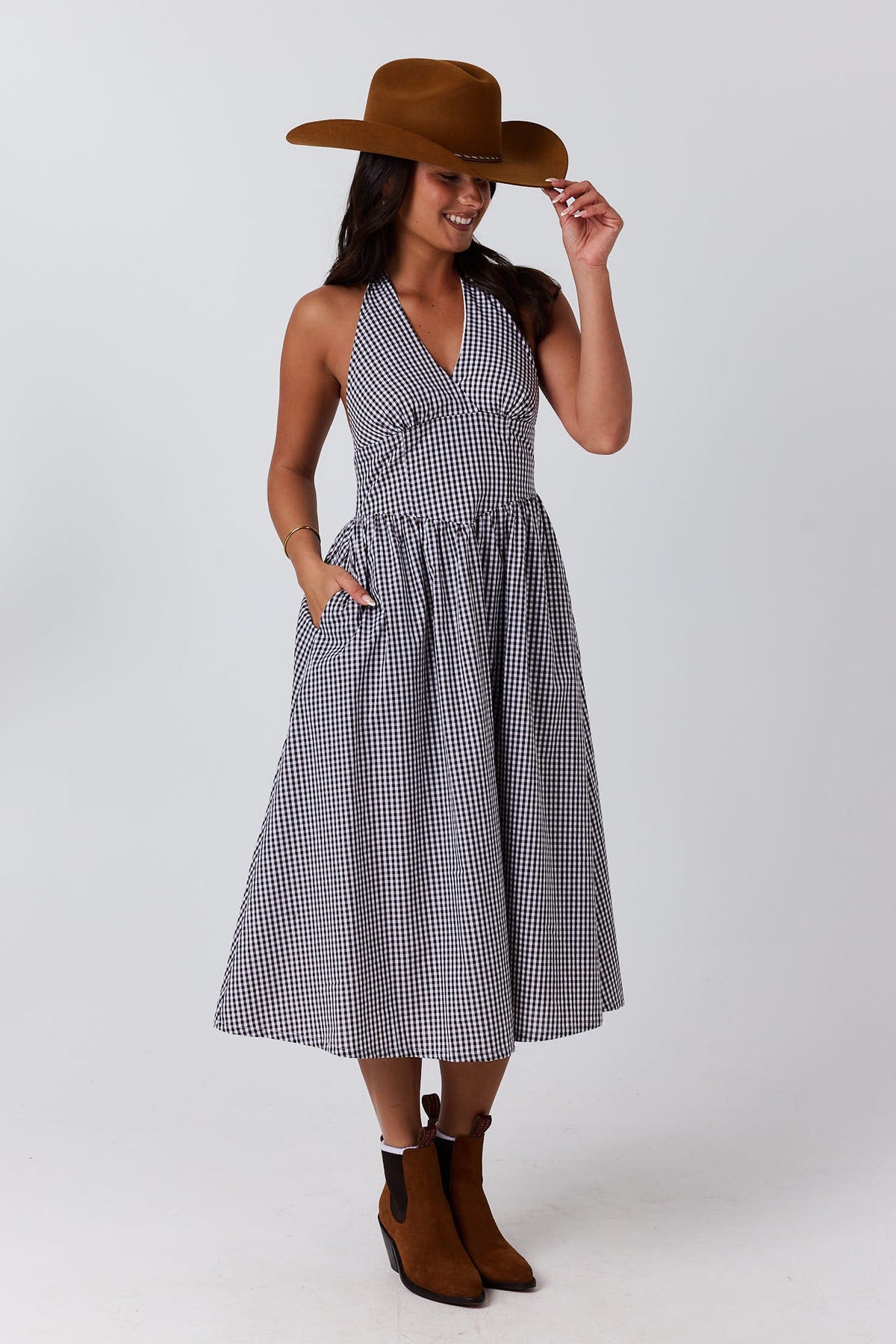 Ringers Western Charmayne Womens Gingham Halter Neck Midi Dress
