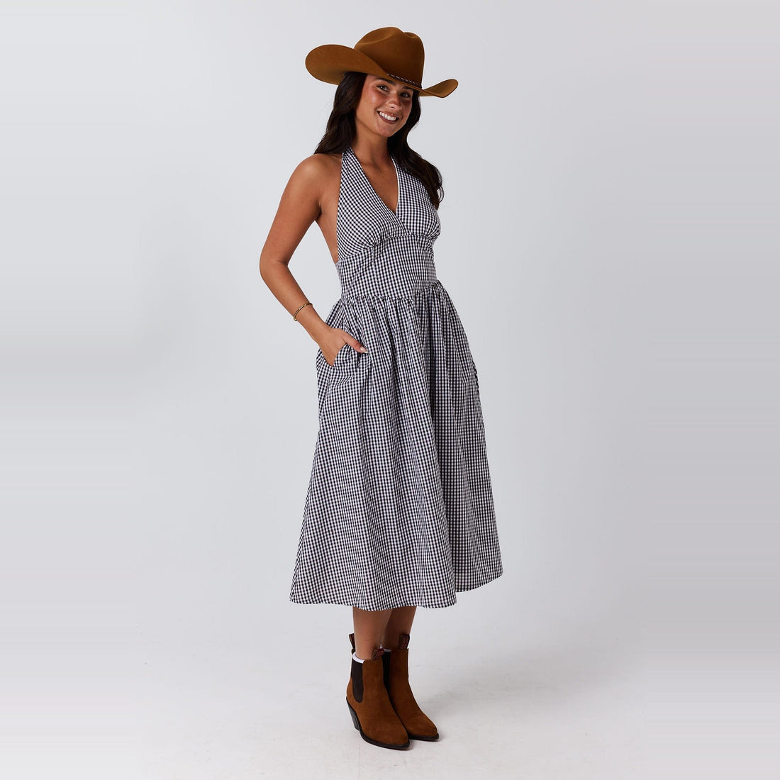 Ringers Western Charmayne Womens Gingham Halter Neck Midi Dress