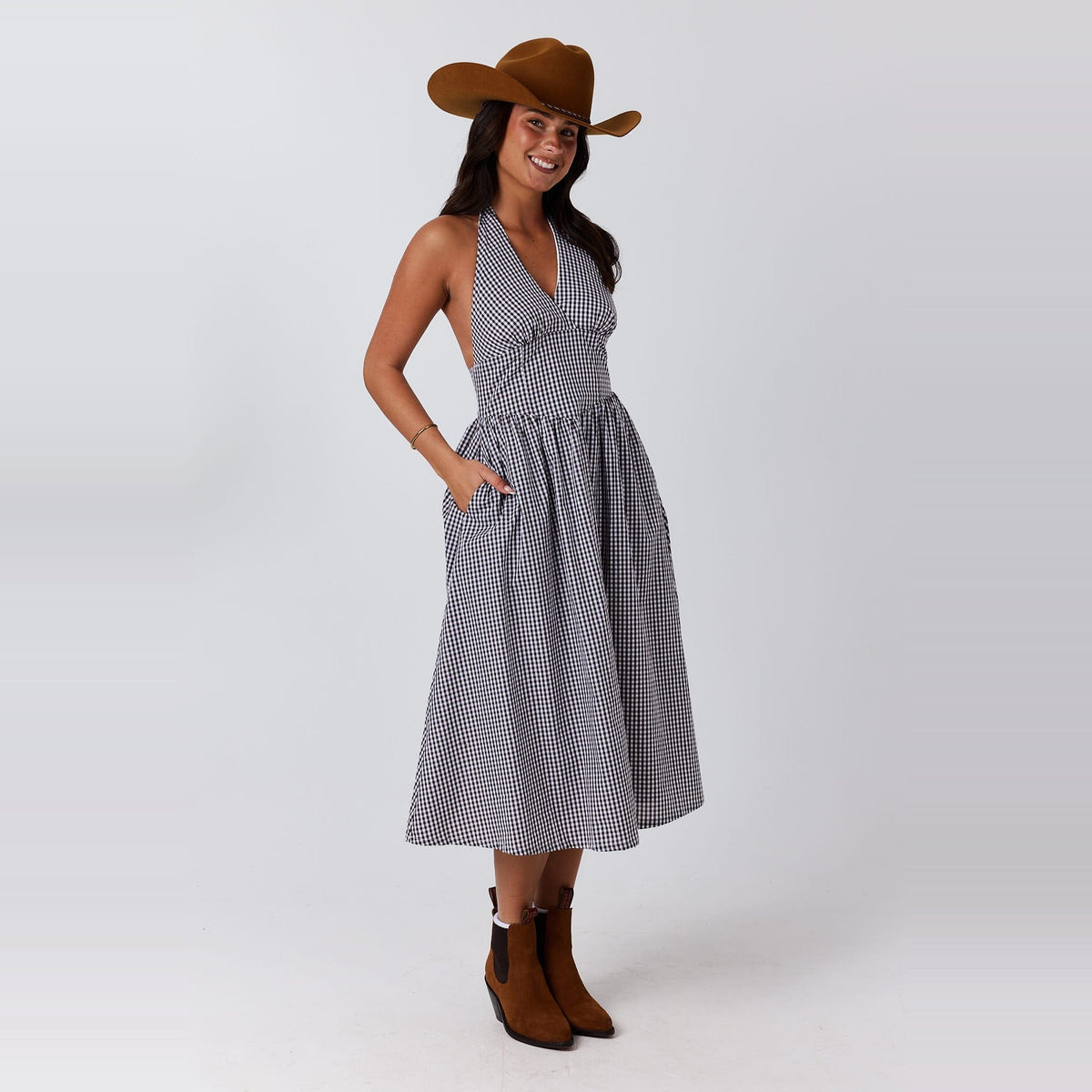 Ringers Western Charmayne Womens Gingham Halter Neck Midi Dress
