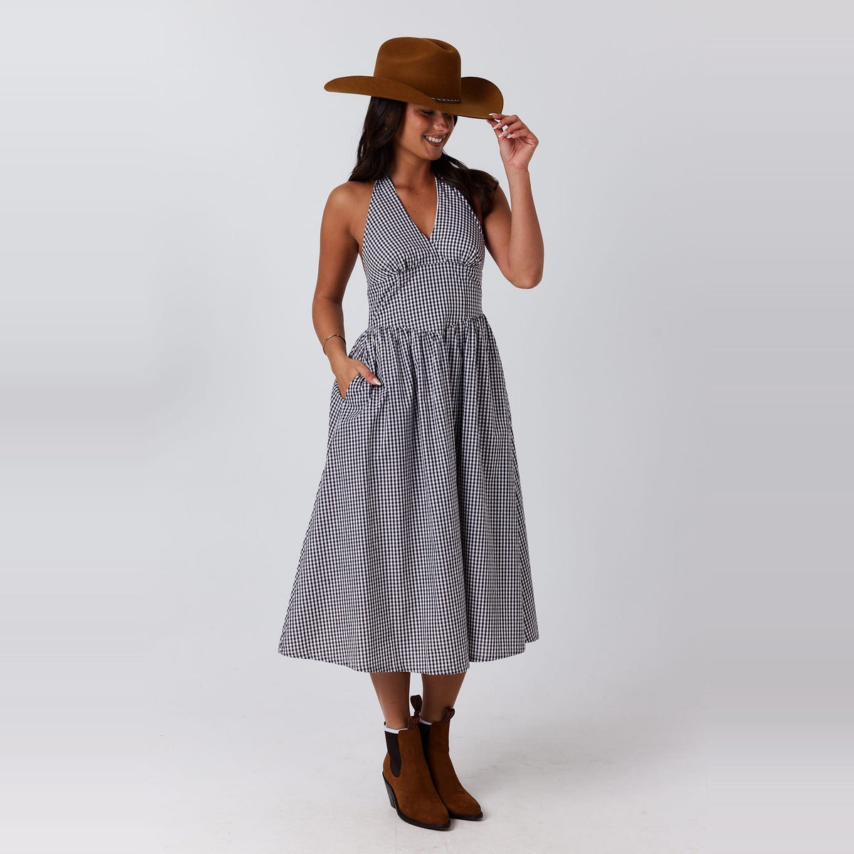Ringers Western Charmayne Womens Gingham Halter Neck Midi Dress