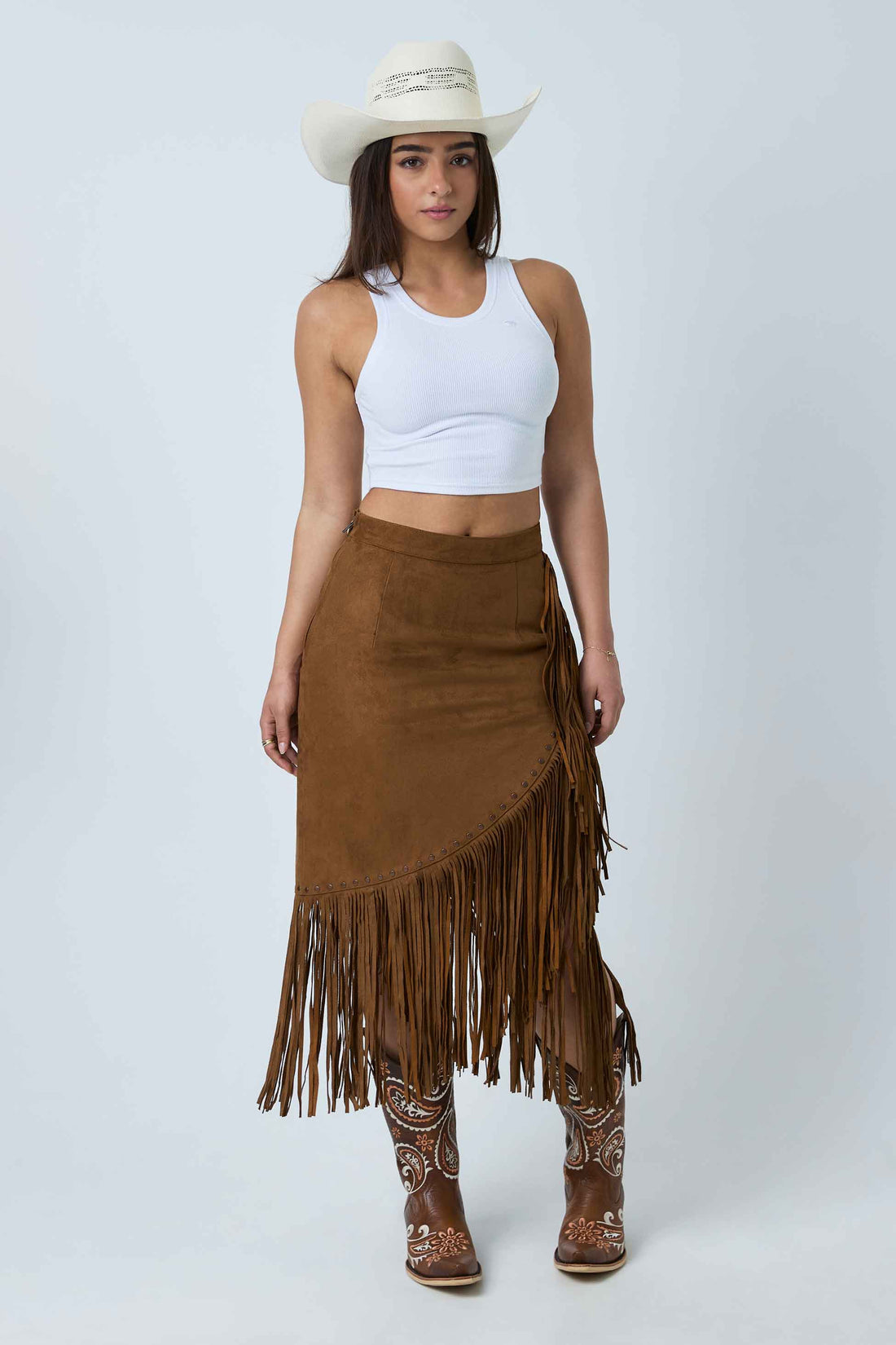 Ringers Western Wanderlust Womens Faux Suede Fringe Midi Skirt