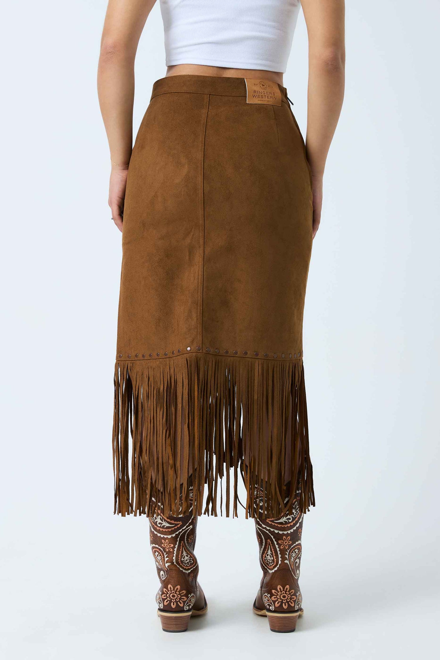 Ringers Western Wanderlust Womens Faux Suede Fringe Midi Skirt