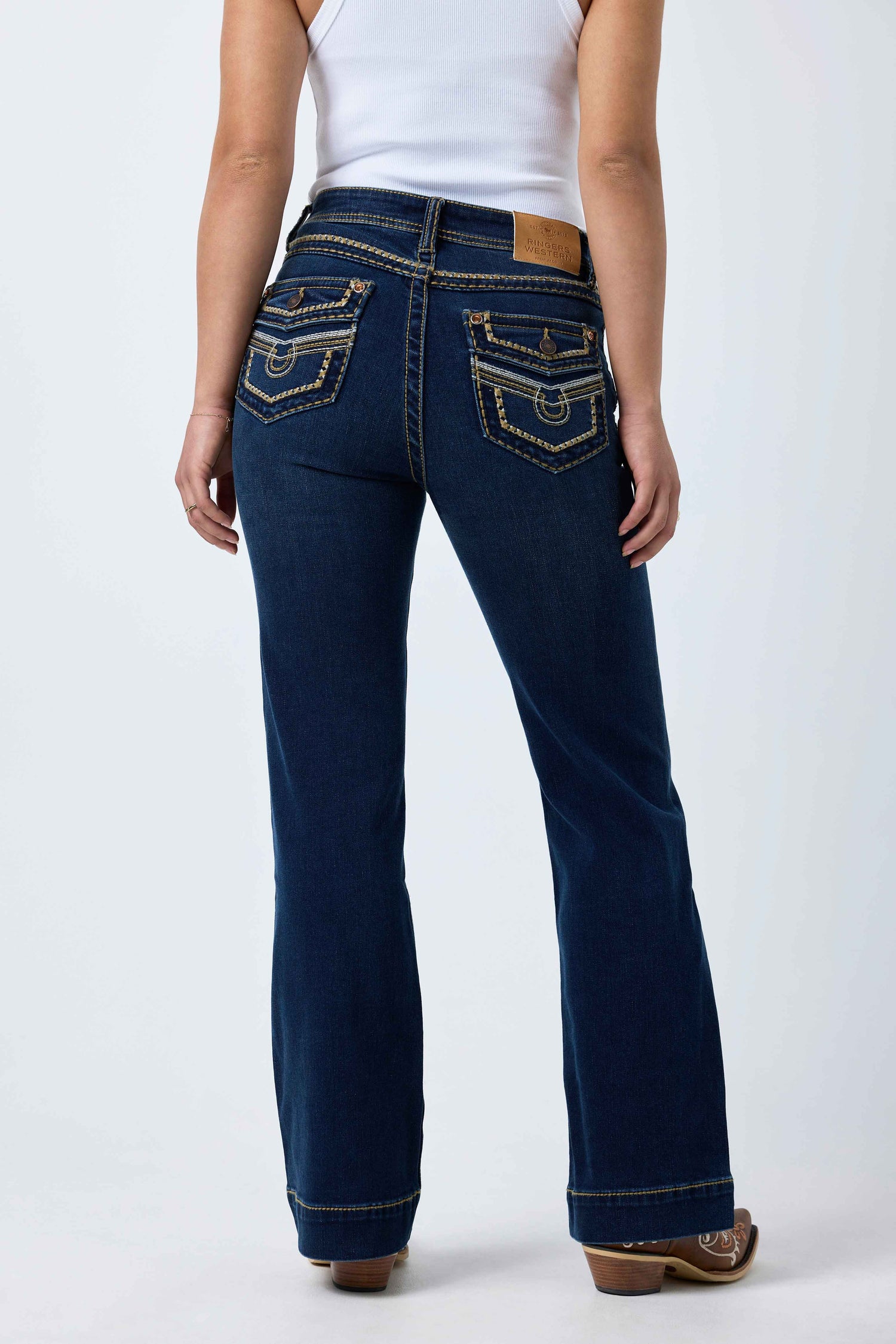 Ringers Western Indi Rodeo Saddle Stitch Womens High Rise Wide Bootleg Jean