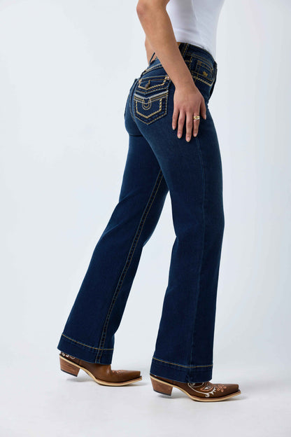 Ringers Western Indi Rodeo Saddle Stitch Womens High Rise Wide Bootleg Jean