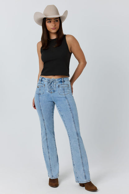 Ringers Western Rodeo Rose Womens Lace Front Mid Rise Bootleg Jean - Light Blue