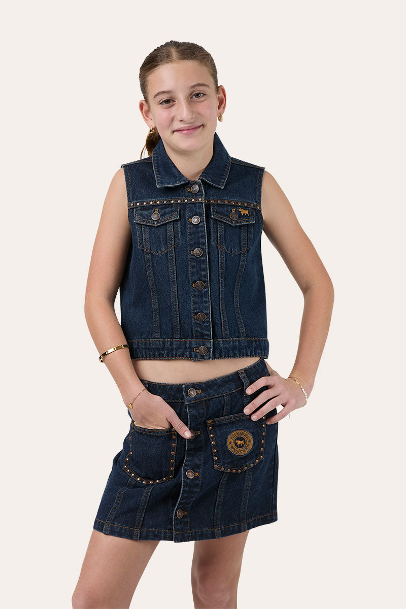 Ringers Western Cowgirl Squad Youth Girls Studded Vest - Vintage Blue Wash