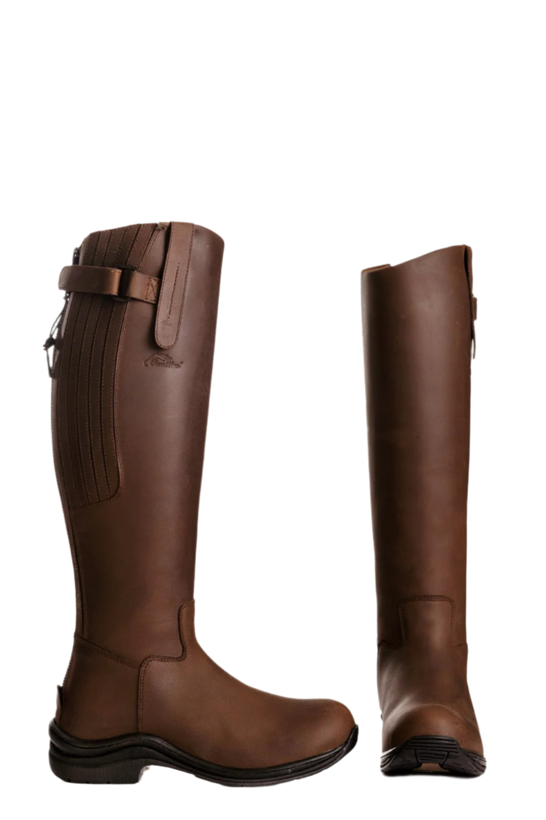 Pair of brown riding boots with a strap on a white background