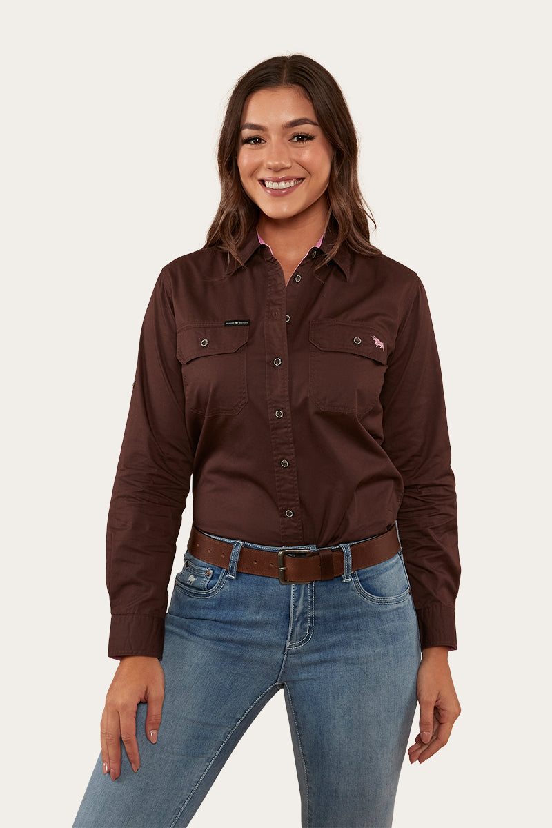 Ringers Western 
Pentecost River Womens Full Button Work Shirt - Chocolate/Pastel Pink