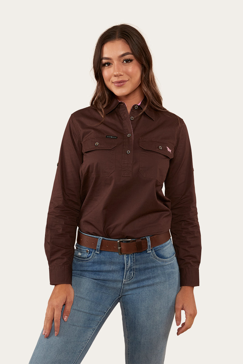 Ringers Western 
Pentecost River Womens Half Button Work Shirt - Chocolate/Pastel Pink