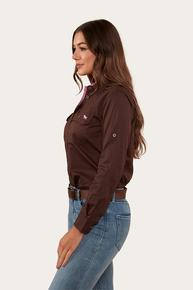 Ringers Western 
Pentecost River Womens Full Button Work Shirt - Chocolate/Pastel Pink