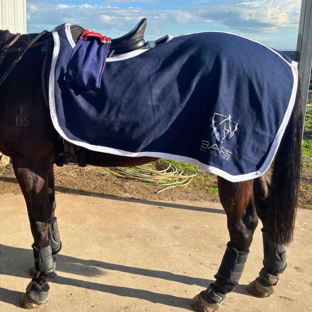 BARE Equestrian Bespoke Australian Made Woollen Quarter Sheet - Navy with White binding