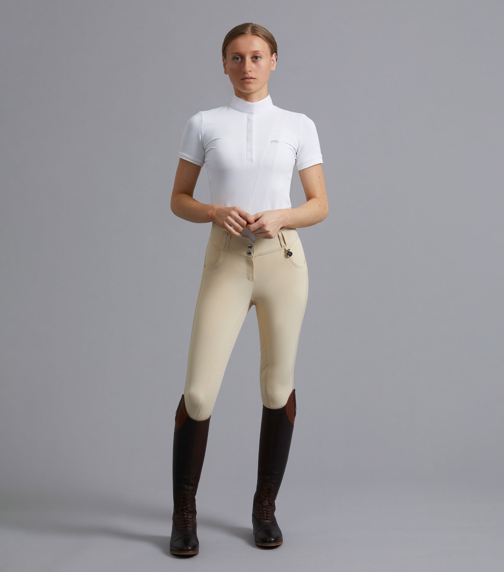 Description:Sophia Ladies Full Seat High Waist Competition Riding Breeches_Colour:Vanilla_Position:1