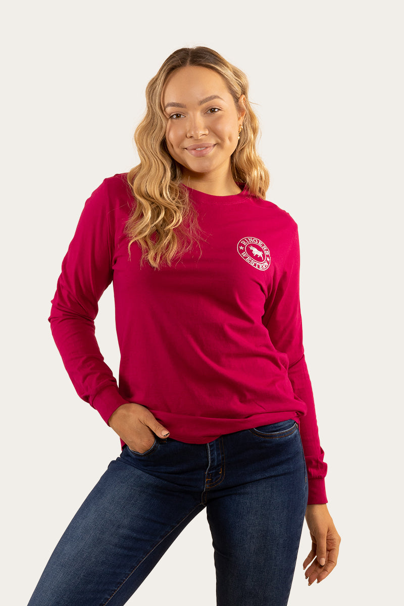 Ringers Western 
Signature Bull Womens Loose Fit Long Sleeve T-Shirt - Magenta/Silver