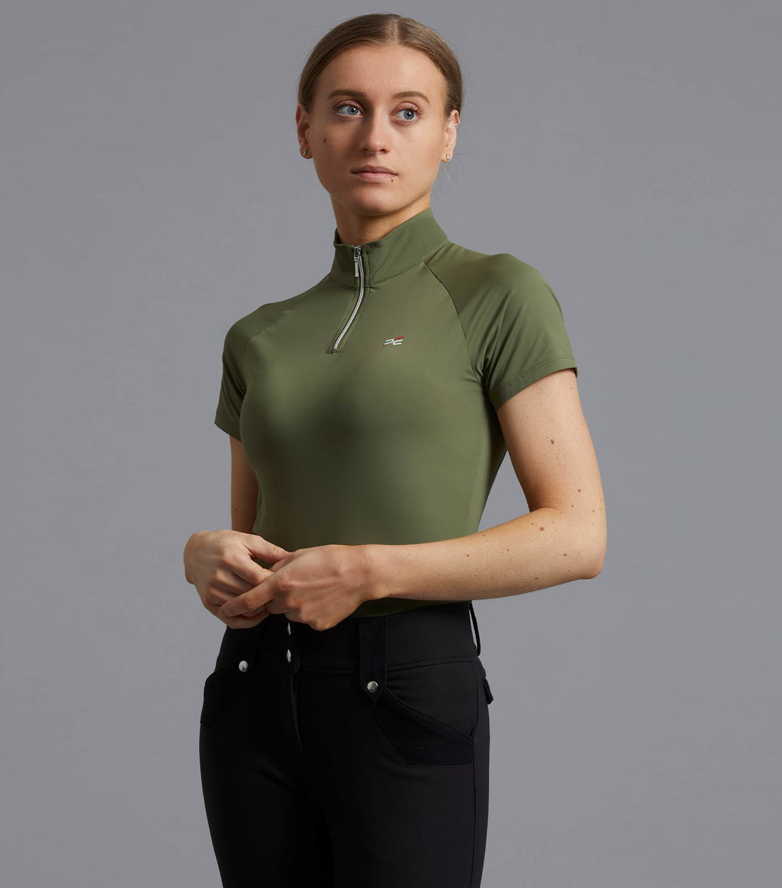 Description:Aura Ladies Short Sleeve Riding Top_Colour:Olive_Position:1