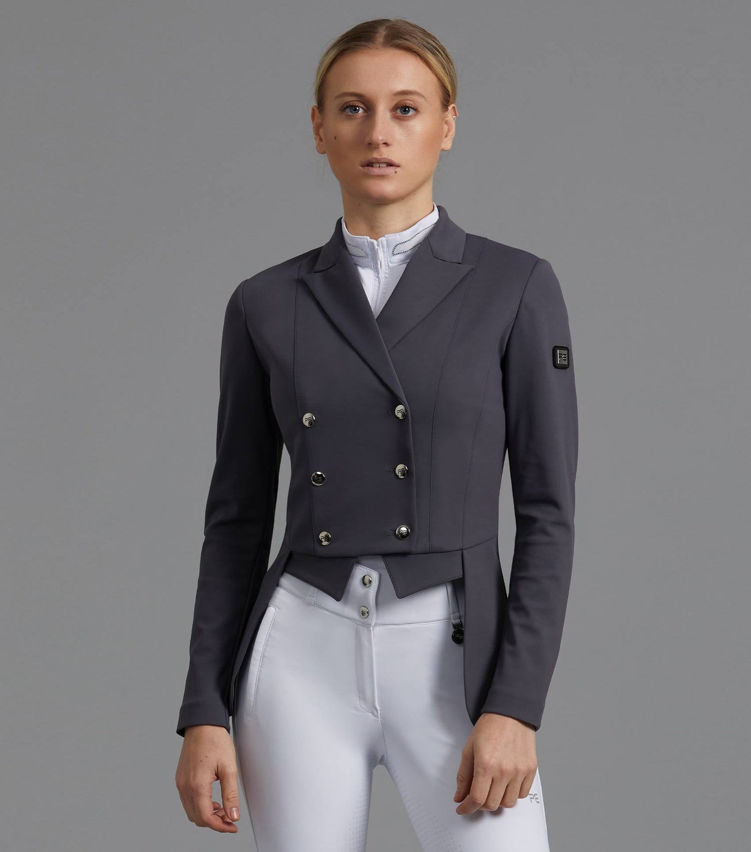 Description:Capriole Ladies Short Tail Dressage Jacket_Colour:Grey_Position:1