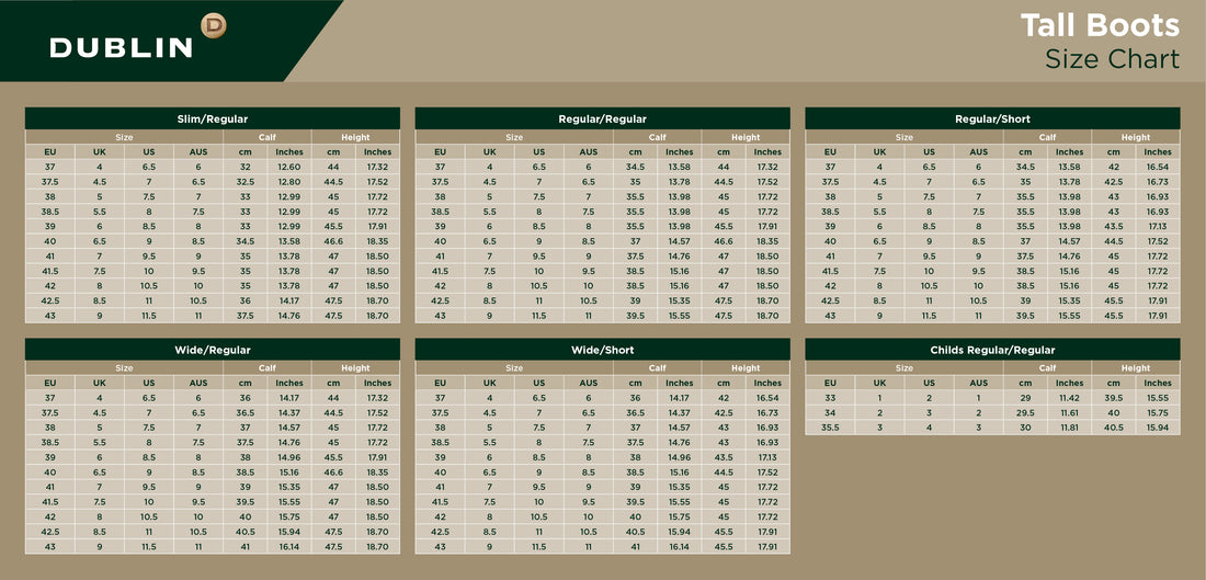 Dublin Arderin Tall Field Boots - Size Chart