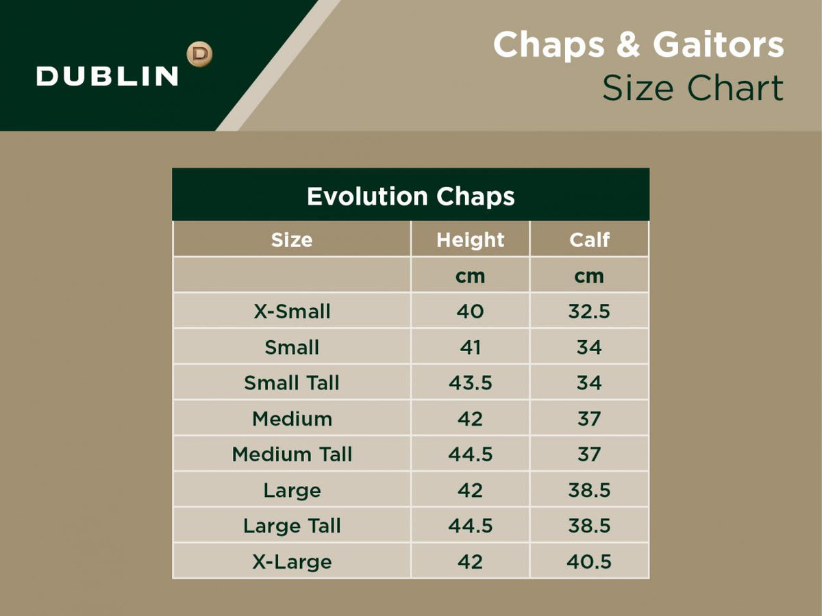 Dublin Evolution Side Zip Chaps - Size Chart