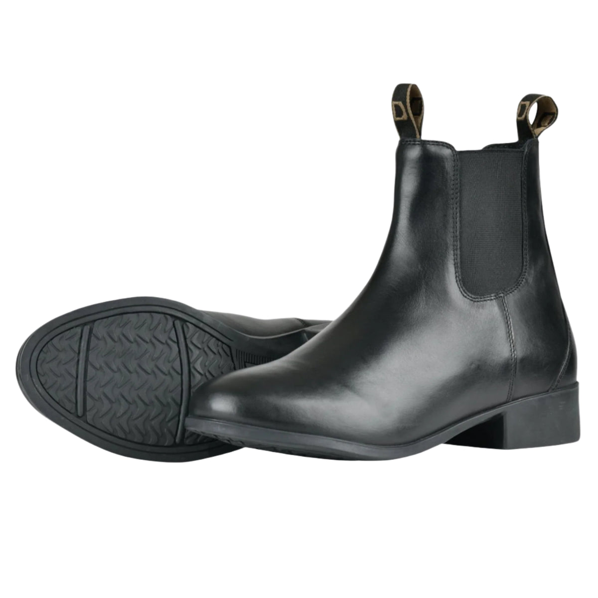 A pair of black leather Dublin Jodhpur boots with pull-up loops and a rubber outer sole, designed for equestrian activities.