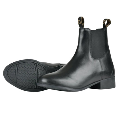 A pair of black leather Dublin Jodhpur boots with pull-up loops and a rubber outer sole, designed for equestrian activities.