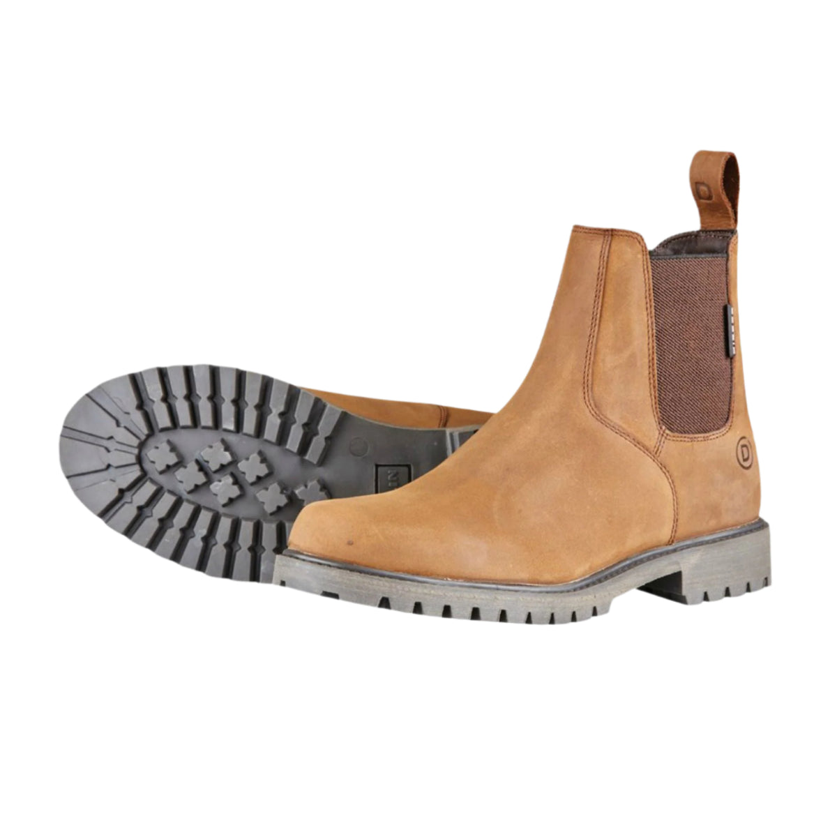 A pair of brown Dublin Venturer Boots III with a rugged rubber outsole, elasticated ankle, and RCS footbed for arch support.