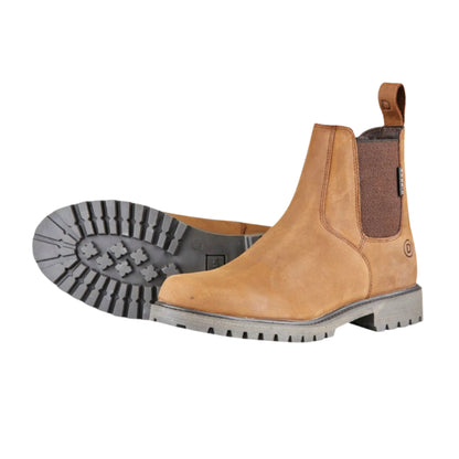 A pair of brown Dublin Venturer Boots III with a rugged rubber outsole, elasticated ankle, and RCS footbed for arch support.