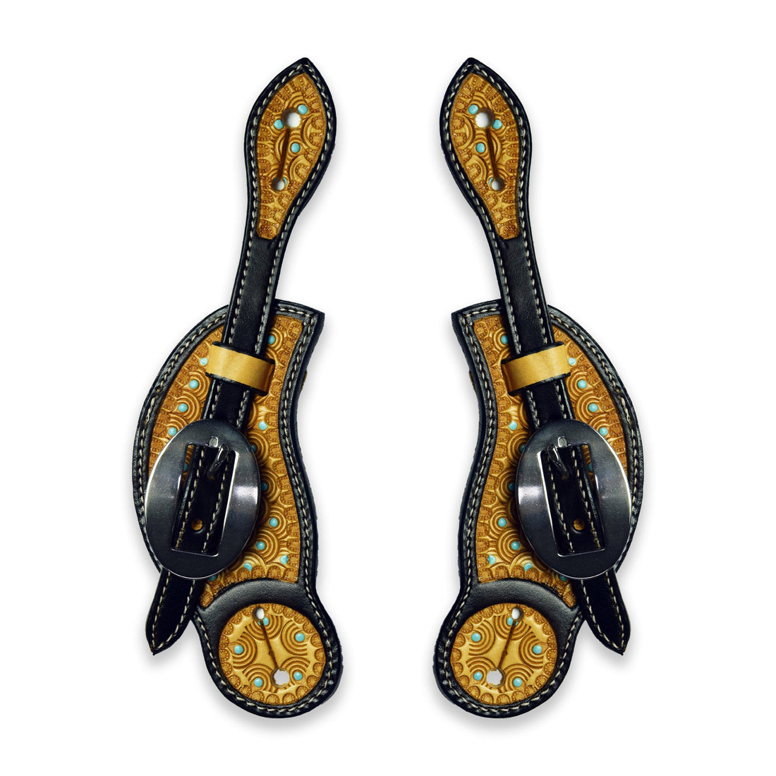 Ezy Ride Spur Strap Cowboy Shaped with Stamping and Turquiose Dots Two Tone