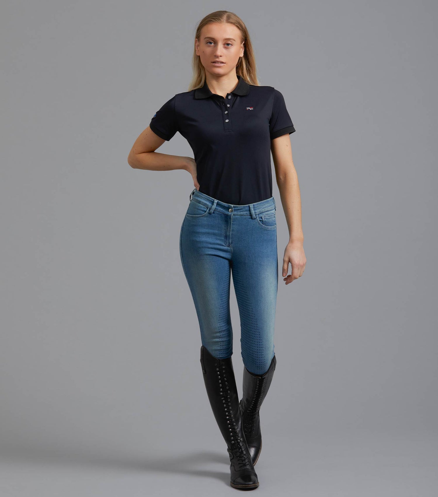 Description:Gina Ladies Full Seat Denim Breeches_Colour:Denim_Position:1