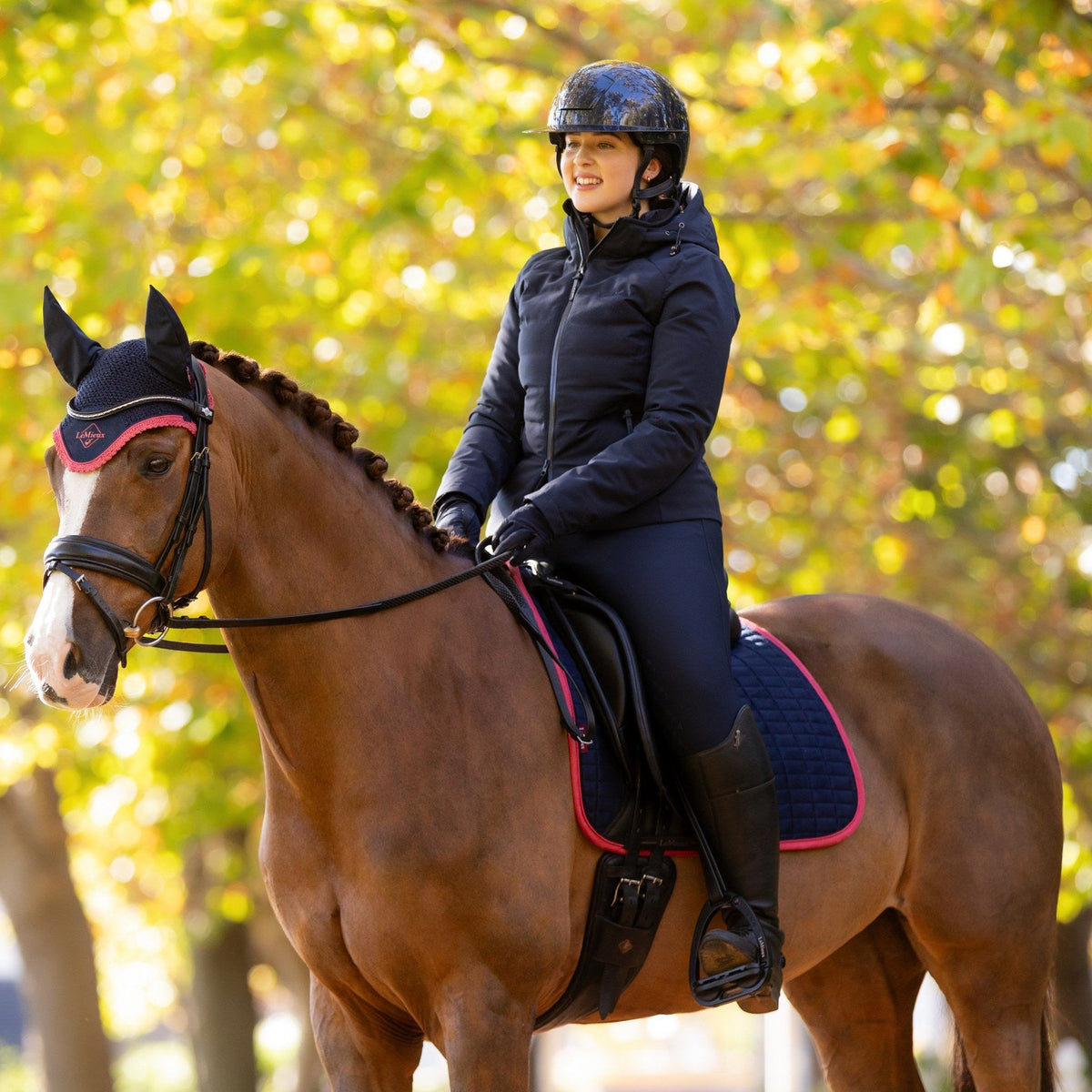 LeMieux Suede Dressage Square Navy/Cranberry lifestyle