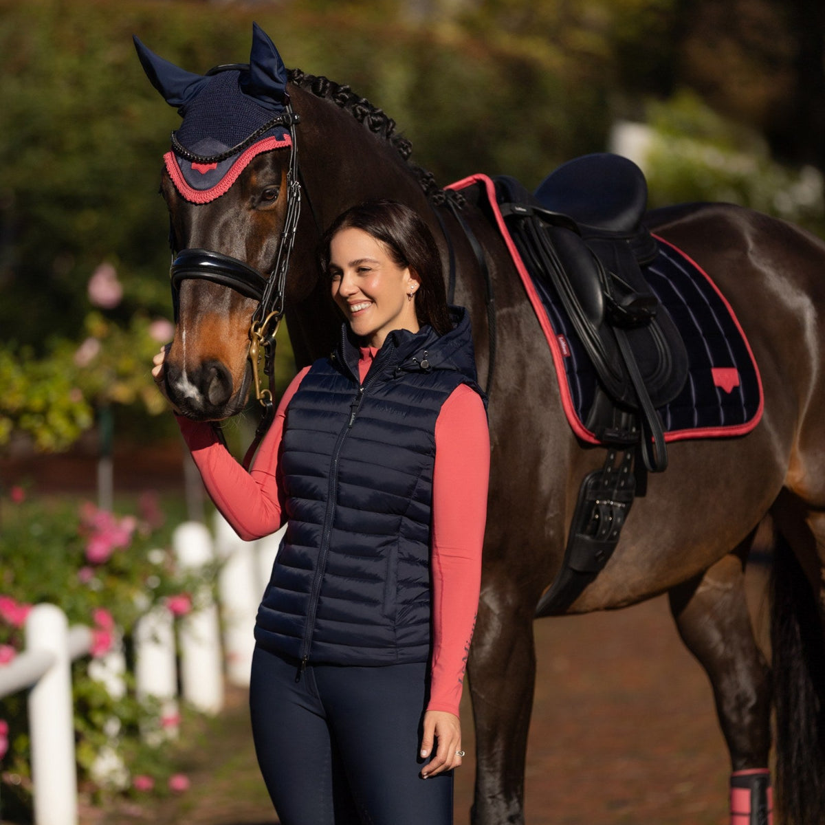 LeMieux Loire Classic Dressage Square Navy/Cranberry lifestyle
