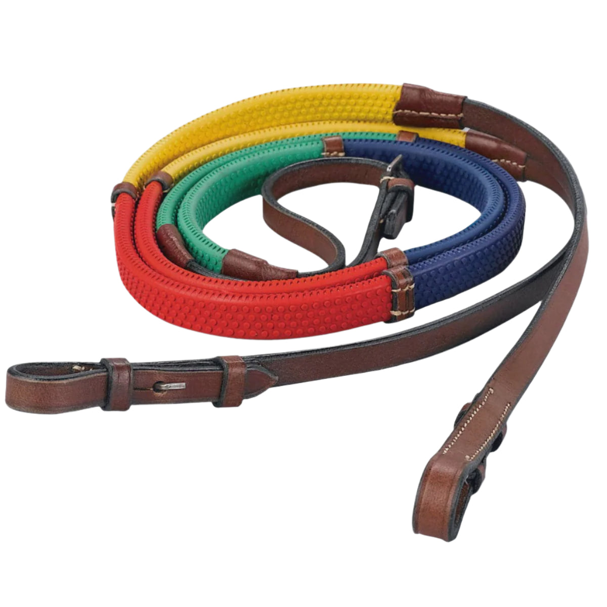 A set of colorful leather horse reins with rubber grip and stainless steel hook studs.