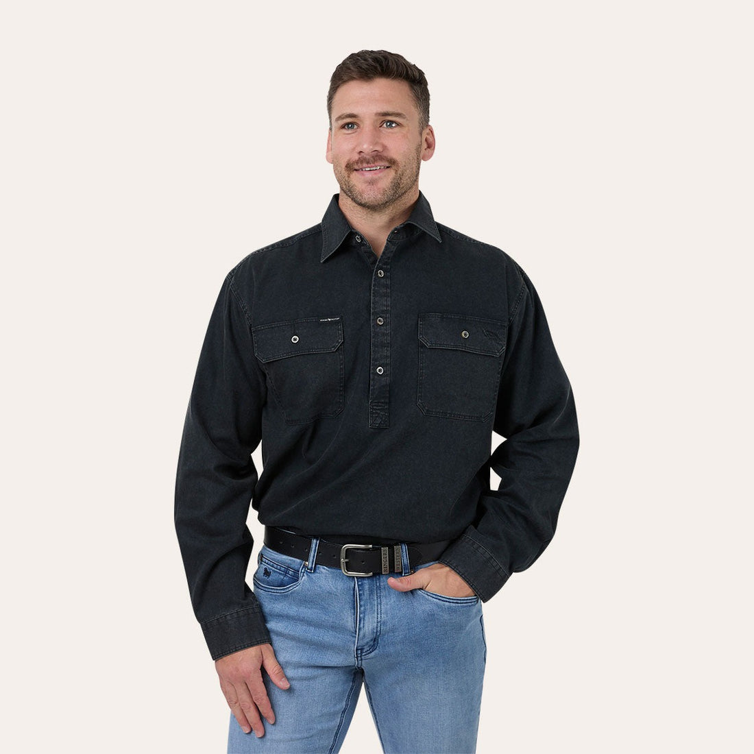 Ringers Western King River Rugged Mens Half Button Work Shirt Black