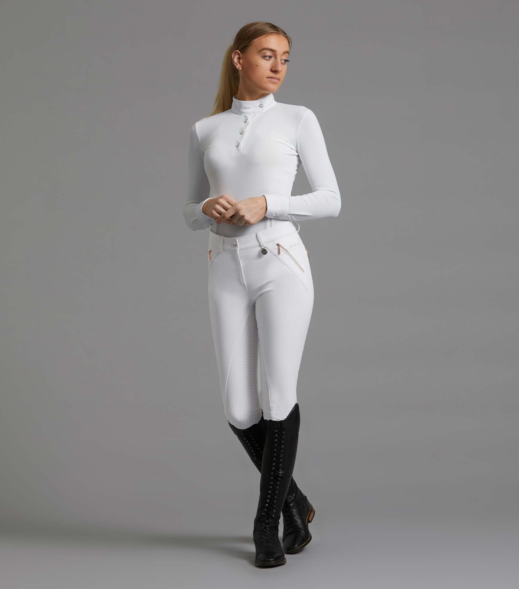 Description:Milliania Ladies Full Seat Gel Competition Breeches_Colour:White_Position:1