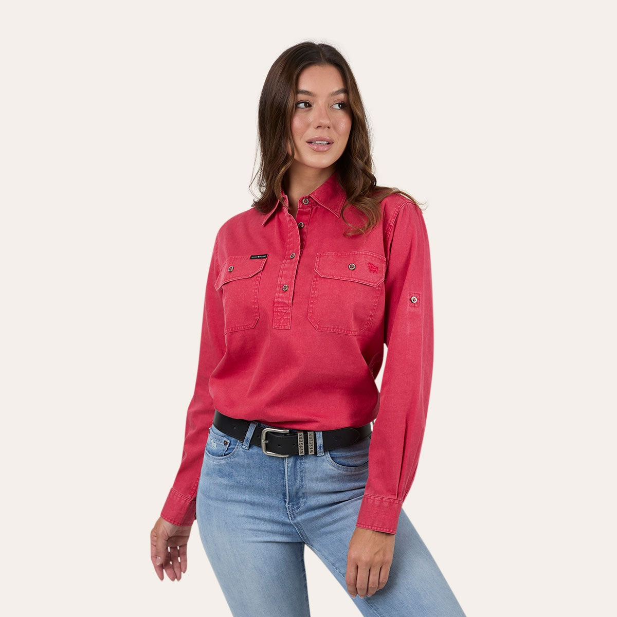 Ringers Western Pentecost Rugged Womens Half Button Work Shirt Berry