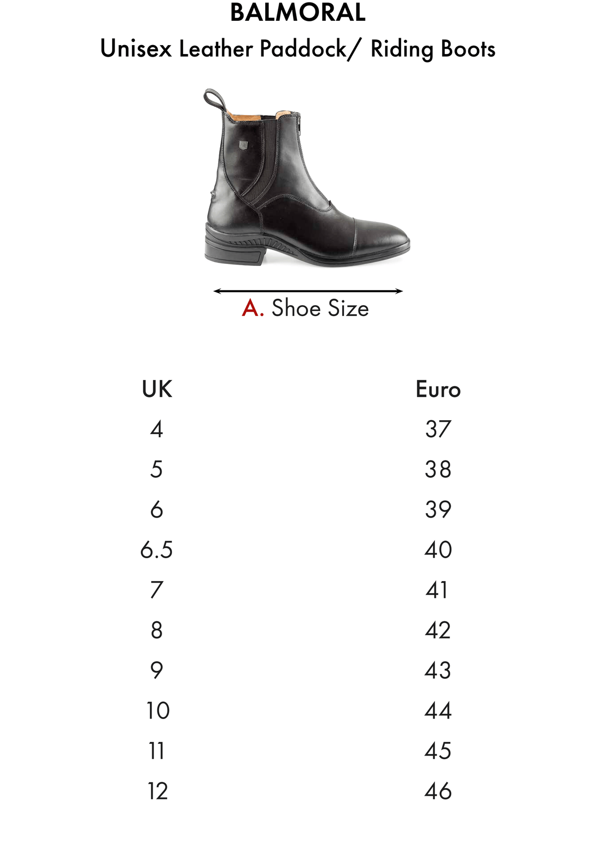 Premier Equine Balmoral Leather Paddock/Riding Boot - Size Chart