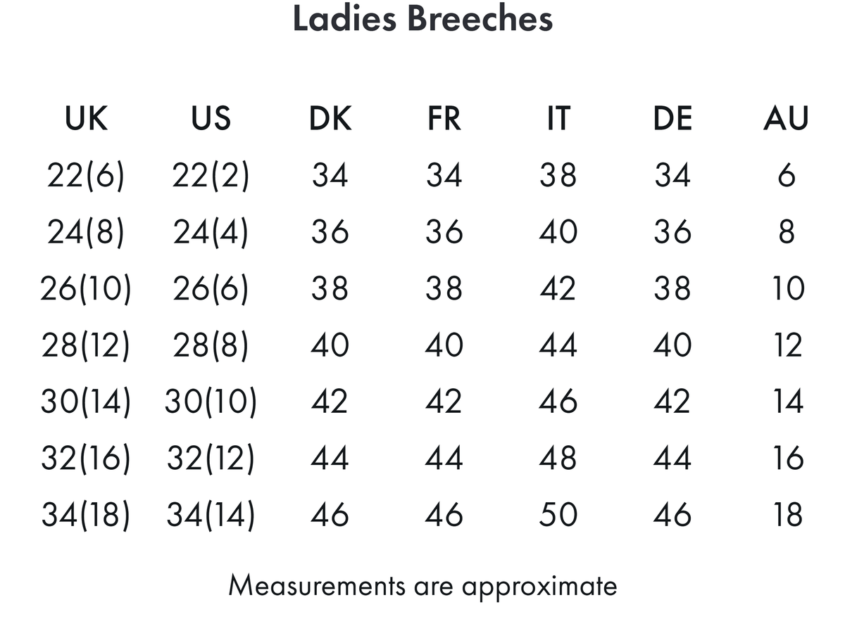Premier Equine Delta Ladies Full Seat Gel Competition Riding Breeches - Size Chart