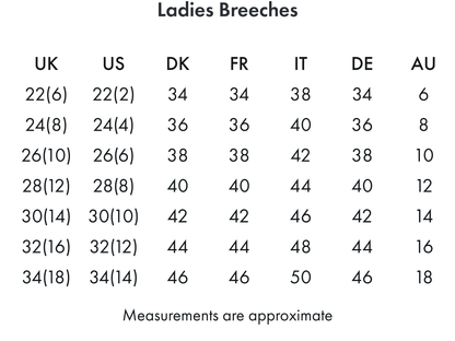 Premier Equine Delta Ladies Full Seat Gel Competition Riding Breeches - Size Chart