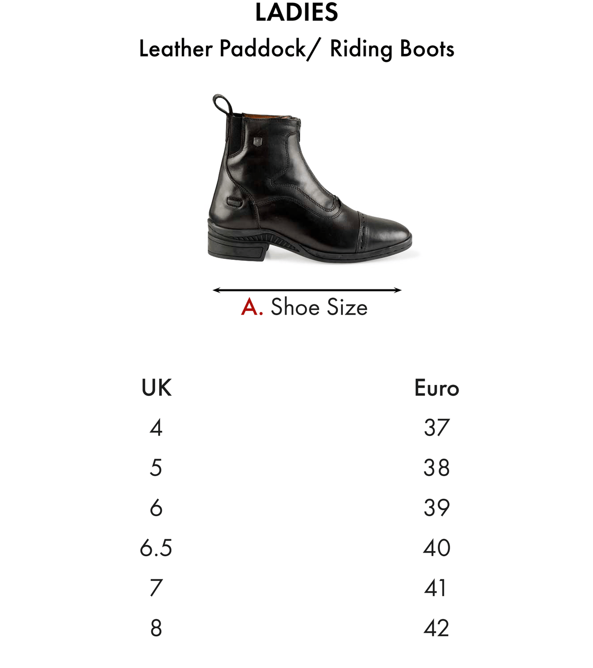 Premier Equine Denver Ladies Leather Paddock/Riding Boot - Size Chart