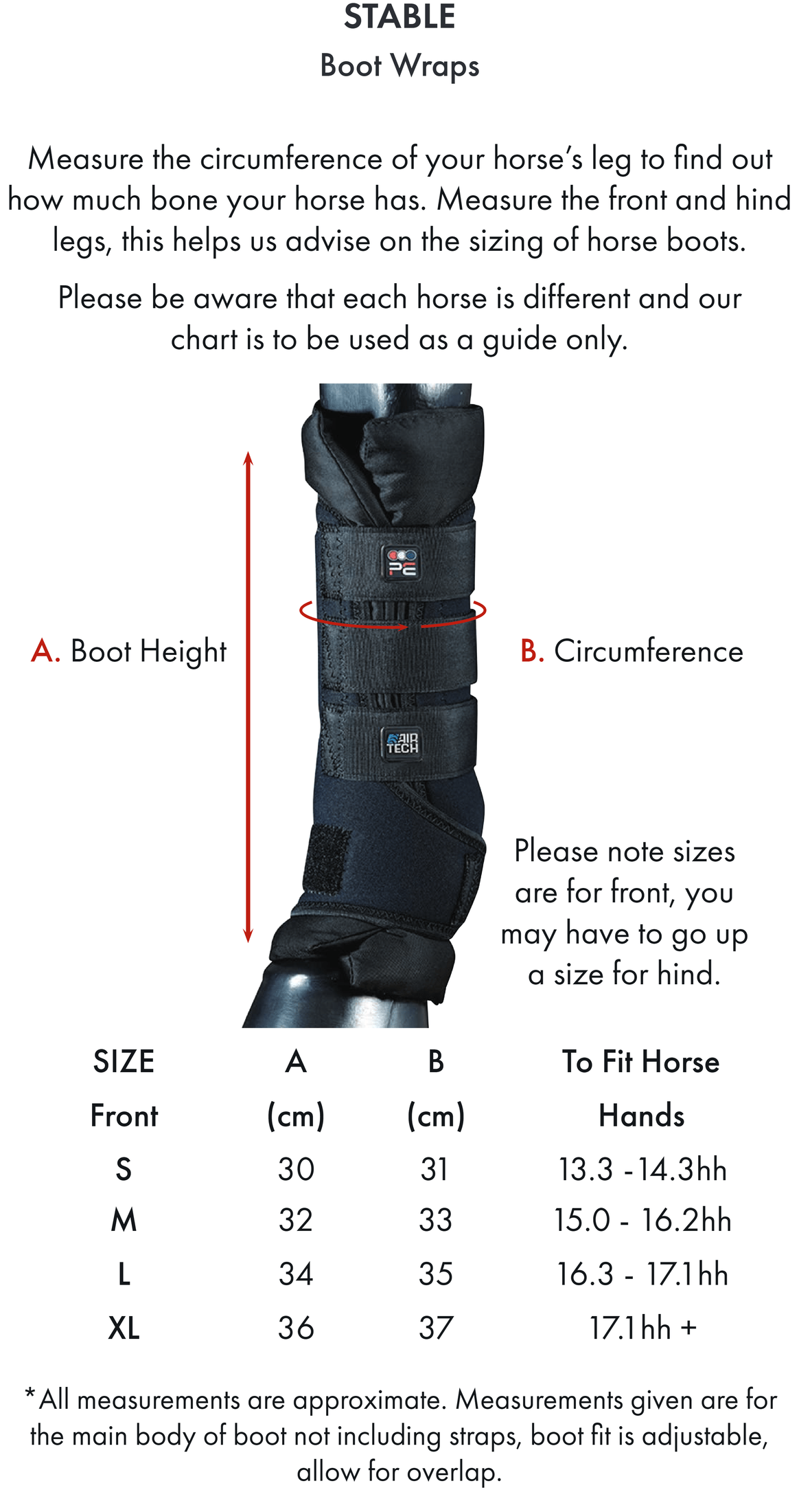 Premier Equine Stable Boot Wraps Inc. Liners - Size Chart